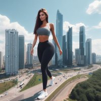 breasts giantess city mega butt buildings brunette street bus pants vehicles sneakers thighs top sports_bra bare_midriff ai_art lordgts