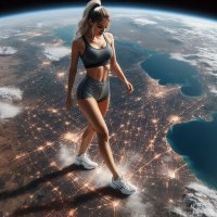 breasts giantess earth giga city blonde space cleavage water ocean ponytail shorts sneakers sports_bra bare_legs bare_midriff ai_art lordgts