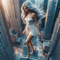 breasts giantess white_hair city mega long_hair cleavage high_heels buildings street dress looking_down bare_legs ai_art lordgts
