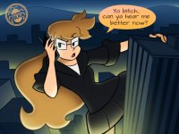 drawing giantess city mega blonde color long_hair buildings glasses climbing phone night dialogue spunkbug