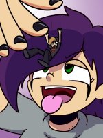 drawing giantess vore color green_eyes purple_hair fantasize misery shrunken_man open_mouth falling dropped imminent_vore megamaliit chocker