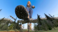 breasts giantess mega blonde cleavage boots high_way ruins boot_crush jumpsuit running_away imminent_crush digital_render fallout celton