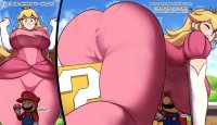 breasts drawing growth giantess blonde comic color large_breasts butt blue_eyes mario princess_peach gloves dress crawling crown super_mario earrings dialogue charlydibu