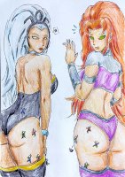 breasts drawing giantess white_hair alien color long_hair butt crossover green_eyes climbing teen_titans red_hair starfire boots shorts storm shrunken_people giantesses falling dark_skin top leotard tiara x-men glowing_eyes no_background white_eyes dc_comics orange_skin marvel_comics wanbadan321