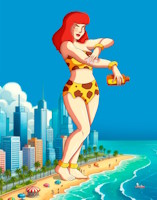 drawing giantess city mega color beach barefoot water ocean buildings giganta red_hair boats closed_eyes top daphne bracelet sunbathing leopard_print dc_comics loincloth bare_legs sunscreen big-elsa bare_midriff scooby_doo fusion daphne_blake bigchipher66 cartoon_network