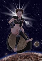 breasts drawing giantess giga space color large_breasts planet toes cleavage bra skirt brunette goddess brown_eyes moon short_hair sun coruscant star_wars jewelry earrings top halo stars hands_on_hips legs_crossed observing cosmic_giantess hair_buns bare_legs pondering sitting_on_planet bare_midriff padme_amidala padme empress ameliaafterdark