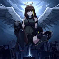 breasts giantess wings city mega angel brunette gloves women crouching halo ai_art frontlinem4a1angelgunmegagiganightcity