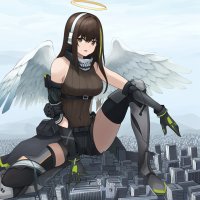 breasts giantess wings city mega angel brunette gloves women crouching halo ai_art frontlinem4a1angelgunmegagiganightcity