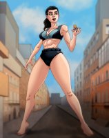 breasts drawing giantess city mega blonde black_hair color blue_eyes handheld barefoot cleavage buildings superhero street muscles shorts sports_bra looking_at_tiny bare_legs bare_midriff nikoalecsovich colossa