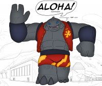 alien giant male blue_eyes buildings muscles english palm_trees disney waving looking_at_viewer grey_skin gantu alienovan lilo_and_stitch