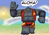 drawing alien color giant male blue_eyes buildings muscles english palm_trees disney waving looking_at_viewer grey_skin gantu alienovan lilo_and_stitch