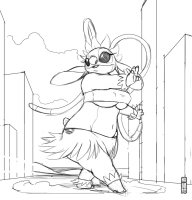 breasts drawing female growth giantess furry anthro city alien monochrome barefoot breast_expansion underboob sketch dancing hawaii disney ripped_clothing gillpanda hula nipple_bulge angel_(lilo_and_stitch) lilo_and_stitch