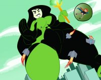 breasts drawing giantess city mega black_hair color long_hair buildings green_eyes goddess smiling gloves kim_possible shego airplane costume disney orange_hair white_skin thick_thighs cutaway scepter jetpack idooodlestuff