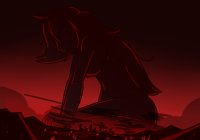 breasts drawing giantess nude giga city mega color long_hair destruction rampage kneeling silhouette convenient_censorship megamaliit