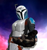 breasts giantess alien armor handheld gloves boots palm star_wars shrunken_man cape belt bracelet green_skin looking_at_tiny pointed_ears digital_render mandalorian bo_katan the_mandalorian revan67 din_djarin grogu