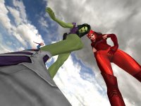 breasts giantess climbing shoes brunette gloves green_hair running shrunken_man giantesses avengers costume point_of_view tiara hands_on_hips green_skin looking_at_tiny digital_render she-hulk bare_legs spider-man marvel_comics scarlet_witch revan67