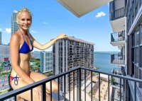 bikini breasts giantess collage mega blonde cleavage water crouching rings earrings looking_at_viewer gtscreator