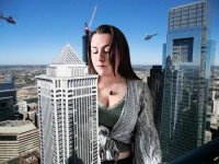 breasts giantess collage city mega helicopter brunette skyscraper closed_eyes necklace top crane bare_midriff looking_at_tinies gtscreator