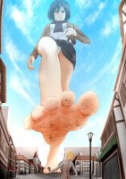 breasts drawing giantess panties city mega upskirt blonde black_hair color destruction toes barefoot rampage skirt buildings asian unknown_artist foot_crush uniform cruel point_of_view source_needed imminent_crush debris wall attack_on_titan lamppost scarf mikasa_ackerman looking_at_tiny