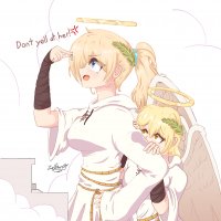 breasts drawing giantess wings angel blonde color blue_eyes handheld angry ponytail leaf orange_eyes halo hands_on_hips feathers pinched looking_at_tiny robes heaven yohomeboyraps raps thebeanieman zector1114