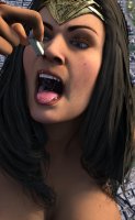 breasts giantess vore mega black_hair large_breasts blue_eyes cleavage buildings saliva open_mouth falling wonder_woman tiara pinched digital_render dc_comics looking_at_tinies mass_vore bakedalaskabigs