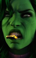 giantess vore teeth green_eyes green_hair shrunken_man freckles vehicle_vore green_skin looking_at_tiny digital_render she-hulk marvel_comics bakedalaskabigs