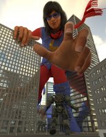 breasts giantess city mega black_hair robot buildings boots looming reaching mask reflection dark_skin leaning_against_building costume point_of_view scarf digital_render ms_marvel marvel_comics kamala_khan anttiergod