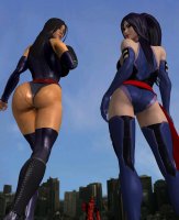 breasts giantess city mega black_hair long_hair butt buildings purple_hair gloves asian ponytail boots giantesses costume deadpool belt leotard x-men looking_behind psylocke bare_legs marvel_comics roodedude