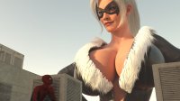 breasts giantess white_hair city mega large_breasts cleavage buildings mask hiding costume catsuit jumpsuit zipper thief digital_render black_cat spider-man marvel_comics felicia_hardy gtsartistry