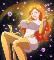 breasts drawing giantess giga space color large_breasts long_hair butt green_eyes goddess smiling gloves red_hair galaxy boots universe thighs costume orange_hair phoenix x-men cosmic_giantess jean_grey thedaibijin marvel_comics looking_at_tinies multiverse omni
