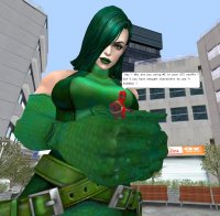 breasts city handheld gloves green_hair shrunken_man mask costume deadpool looking_at_viewer belt dialogue x-men looking_at_tiny digital_render hair_covering_eyes marvel_comics revan67 viper