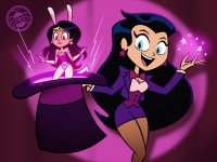 drawing black_hair color long_hair bunny_ears blue_eyes purple_eyes fishnets shrunken_woman dark_skin magic corset jacket bow costume wonder_woman earrings leotard bracelet tiara looking_at_tiny top_hat zatanna dc_comics spunkbug
