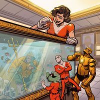 breasts drawing giantess blonde color robot water brunette smiling gloves mini_giantess boots beast_boy shorts mask feeding indoors costume closed_eyes doom_patrol belt fish fish_tank green_skin looking_at_tiny dc_comics elasti-girl robotman trident aquaman negative_man rita_farr andy_taylor