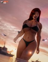 bikini giantess mega large_breasts long_hair swimsuit rampage cleavage water ocean glasses smiling red_hair muscles airplane explosion abs thighs navy ships missile digital_render explicitharu