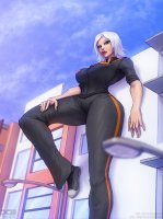 breasts drawing giantess white_hair city mega color large_breasts blue_eyes buildings shoes ginormica short_hair thighs leaning_against_building monsters_vs_aliens looking_at_viewer belt jumpsuit lamppost susan_murphy dreamworks barr_mares