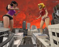 breasts giantess city mega blonde black_hair buildings helicopter mandy shorts fighting giantesses vehicles fist clover totally_spies top belt ripped_clothing zipper digital_render bare_legs bare_midriff sinepto1