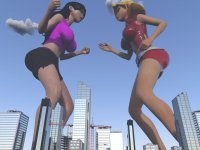 breasts giantess city mega blonde black_hair butt mandy shorts fighting giantesses fist clover totally_spies top belt ripped_clothing crane digital_render bare_legs bare_midriff harbingerinfinit