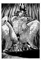 breasts drawing giantess monochrome black_hair long_hair high_heels gloves fishnets shrunken_woman crouching corset point_of_view looking_at_tiny top_hat zatanna dc_comics bowtie zatannafan964