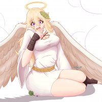 breasts giantess wings angel blonde long_hair butt cleavage purple_eyes halo feathers robes heaven sitting_on_tiny yohomeboyraps thebeanieman zector1114