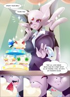 breasts drawing female pokemon micro vore furry tail comic color purple_eyes espeon cake cream fangs shrunken_man suit dialogue purple_fur cupcake strawberries cafe zantchan