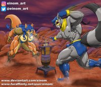 breasts drawing giantess furry tail mega color large_breasts butt giant rampage cleavage blue_hair desert underwear fox gloves police ponytail muscles bulge raccoon abs tower mountains mask thighs fist screaming jacket earrings cap einom scarf looking_at_tiny sly_cooper orange_skin roar grey_skin carmelita_fox police_officer sly_cooper_(series) drill