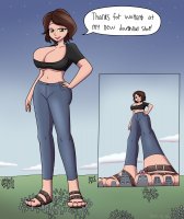 breasts drawing giantess giga city color large_breasts toes cleavage green_eyes jeans brunette short_hair sandals thighs disney point_of_view dialogue stars hands_on_hips cutaway big_hero_6 bare_midriff aunt_cass picjusbro anime_cat_art
