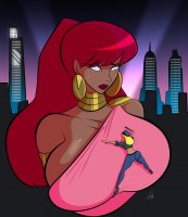 breasts drawing giantess city mega blonde color large_breasts long_hair butt embarrassed giganta red_hair police ponytail night earrings belt dc_comics on_breasts bare_midriff police_officer azerotyh
