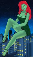 breasts drawing giantess panties city mega upskirt color long_hair destruction toes cleavage high_heels buildings green_eyes smiling red_hair dress harley_quinn batman night date poison_ivy stars sitting_on_building green_skin looking_at_tiny dc_comics bare_legs giantwaifus