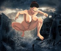 breasts giantess collage nude pussy mega black_hair large_breasts destruction angry asian unknown_artist dragon_ball crouching ruins hairband chi_chi debris looking_at_tiny hair_bun chichi