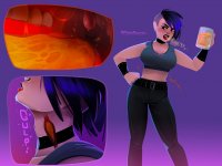 breasts drawing micro vore comic color teeth cleavage blue_hair unaware throat drinking pants inside_mouth inside_view choker beer earrings top burp belt hands_on_hips throat_bulge mug bare_midriff micromistakes