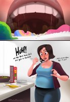 breasts drawing micro vore color teeth cleavage jeans brunette milk brown_eyes bbw spoon belly shrunken_people open_mouth cereal jacket mature dialogue thick_thighs micromistakes conic