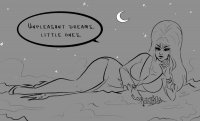 breasts drawing giantess giga city monochrome large_breasts long_hair cleavage moon dress mountains night thighs rings bracelet dialogue stars thick_thighs bare_legs elvira ameliaafterdark