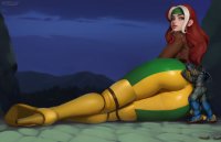 drawing giantess mega color butt high_heels green_eyes brunette lying_down boots ass_worship night thighs jacket x-men looking_behind thick_thighs apocalypse grey_skin marvel_comics rogue_(x-men) hair_streak adamdraws
