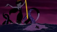 breasts drawing giantess mega black_hair color long_hair cleavage water ocean green_eyes mermaid ponytail crown cartoon tentacles thighs disney ariel the_little_mermaid trident looking_at_tinies melody zarxnos